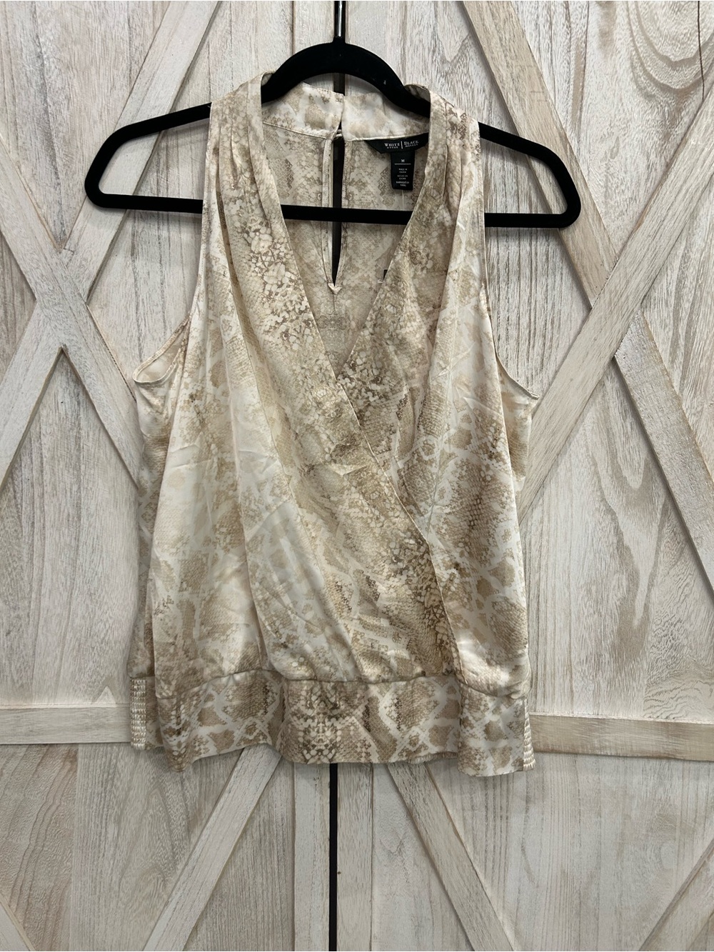 White House Black Market Cream Snake-Print Sleeveless Wrap Top